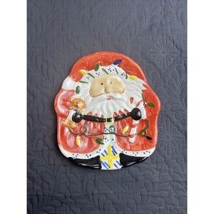 Vintage Ceramic Dessert Cookie Plate,  Christmas, Santa 7-1/2" x 8" Holiday Deco